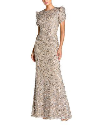 Gathered Short Sleeve Beaded Gown by MAC DUGGAL