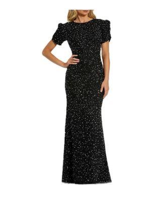 Gathered Short Sleeve Beaded Gown by MAC DUGGAL