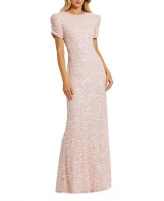 Gathered Short Sleeve Beaded Gown by MAC DUGGAL