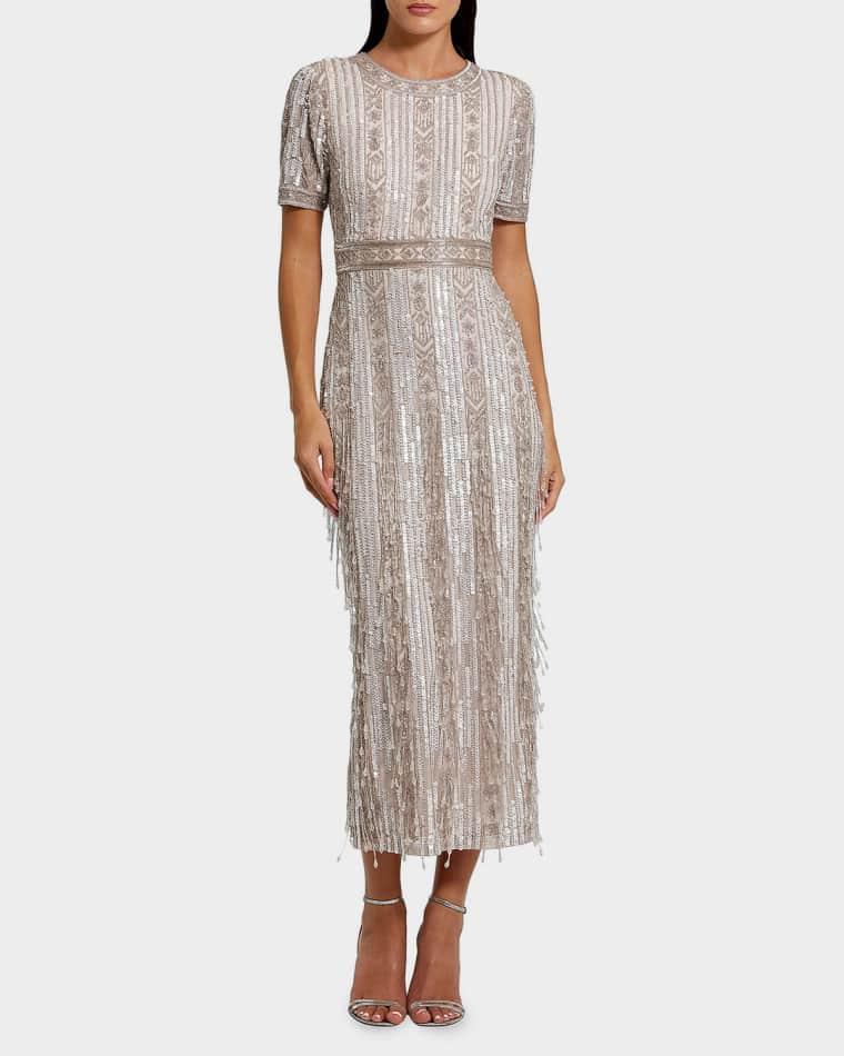 Geometric Beaded Cocktail Midi Dress by MAC DUGGAL