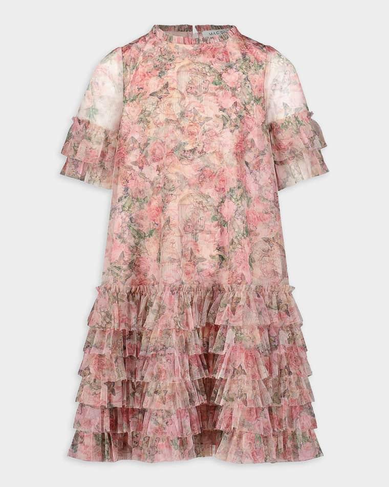 Girl's Floral-Print Ruffled Mesh Dress, Size 2-14 by MAC DUGGAL