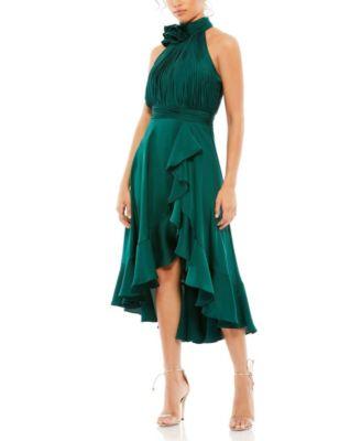 Halter Neck Flower Detail Ruffled Midi Dress by MAC DUGGAL