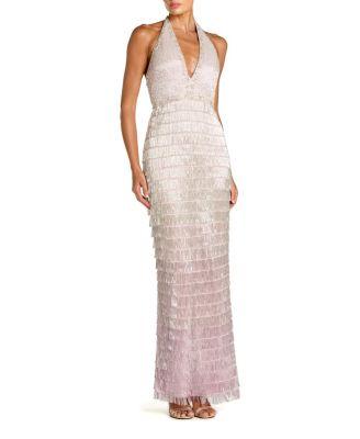 Halter Neck Mesh Embellished Fringe Column Gown by MAC DUGGAL