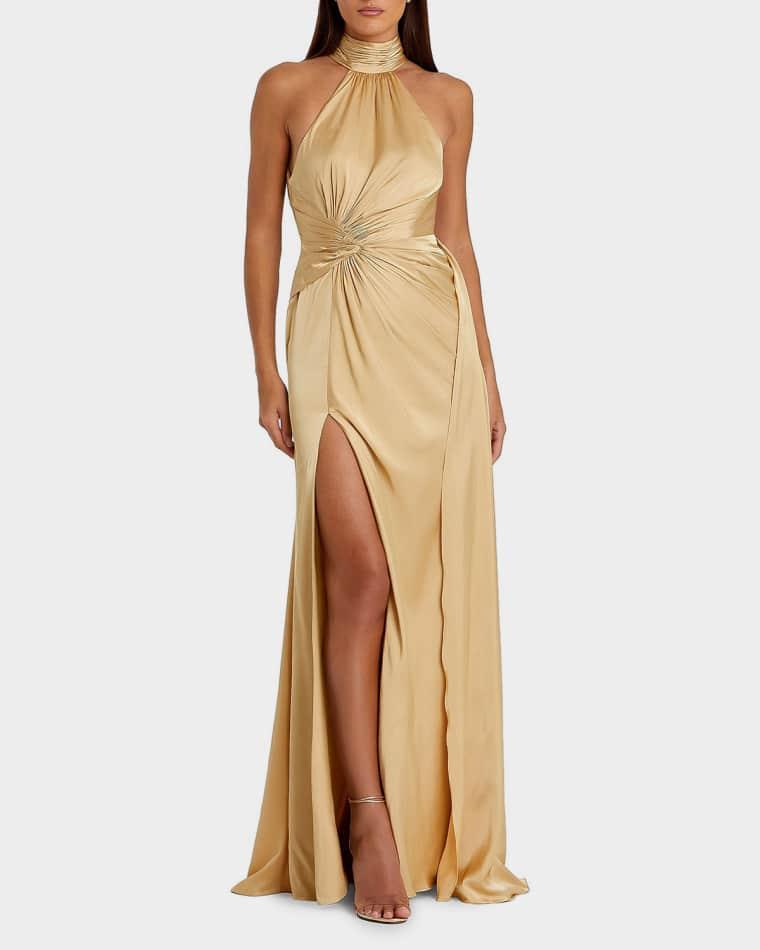 Halterneck Open-Back Satin Gown by MAC DUGGAL