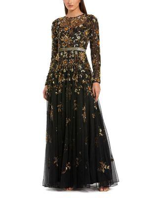 Hand Beaded Mesh Long Sleeve High Neck A Line Gown by MAC DUGGAL