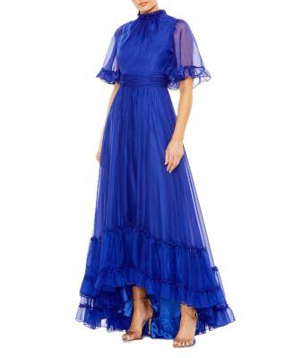 High Neck Flutter Sleeve High Low Hem Gown by MAC DUGGAL