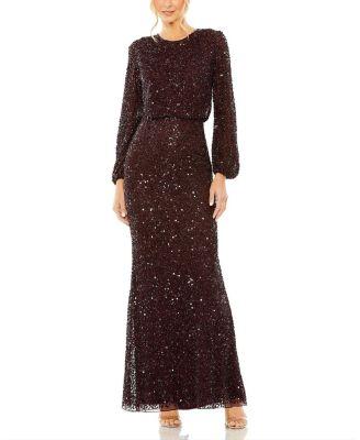 High Neck Long Sleeve Beaded Blouson Gown by MAC DUGGAL