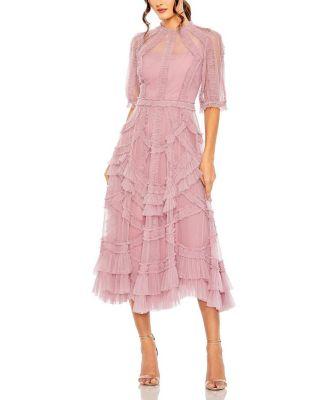 High Neck Puff Sleeve Ruffle Tiered Dress by MAC DUGGAL