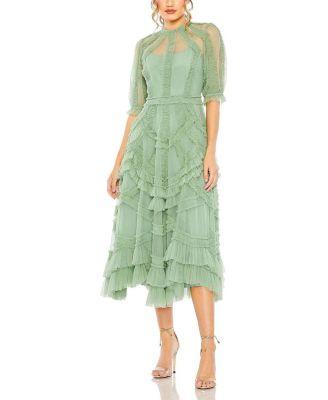 High Neck Puff Sleeve Ruffle Tiered Dress by MAC DUGGAL