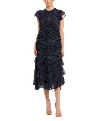 High Neck Ruffle Mesh Midi Dress by MAC DUGGAL