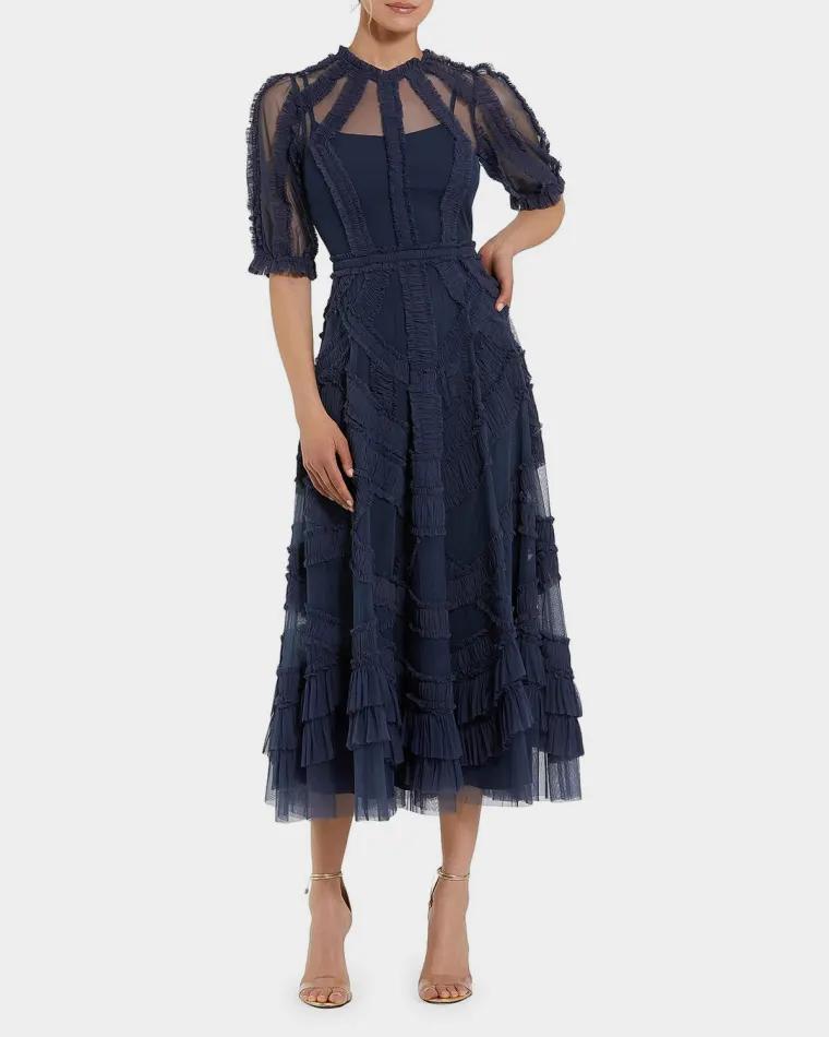 High-Neck Ruffled A-Line Midi Dress by MAC DUGGAL