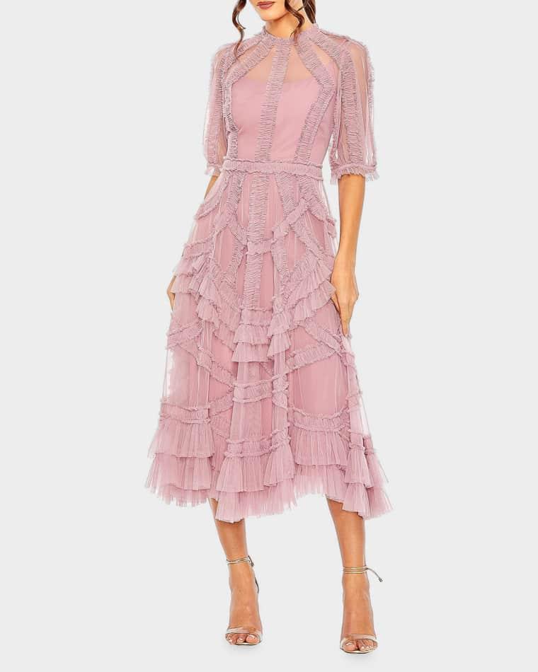 High-Neck Ruffled A-Line Midi Dress by MAC DUGGAL