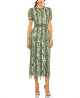 High Neck Short Sleeve Crystal Fringe Column Dress by MAC DUGGAL