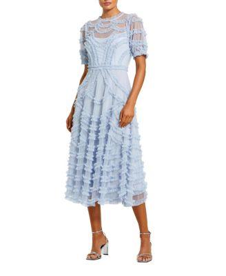 High Neck Short Sleeve Ruffled Midi Dress by MAC DUGGAL