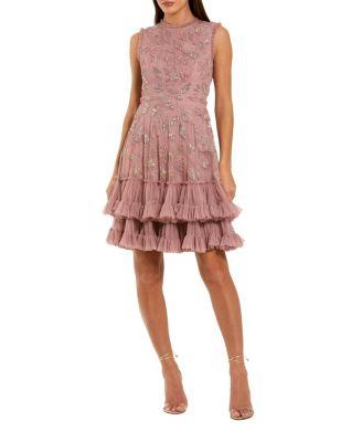 High Neck Sleeveless Beaded Dress With Ruffled Hem by MAC DUGGAL