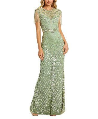 High Neck Sleeveless Beaded Fringe Fitted Gown by MAC DUGGAL