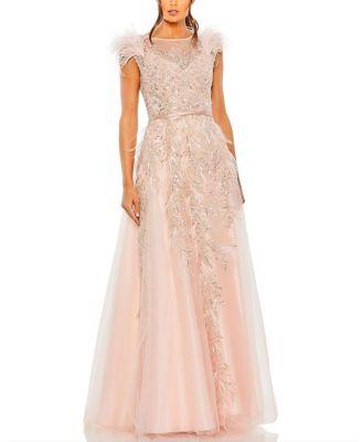 High Neckline Feather Detail Beaded Gown by MAC DUGGAL