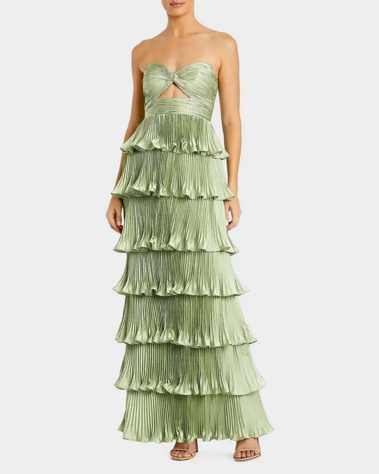 Ieena Pleated Charmeuse Strapless Tiered Ruffle Gown by MAC DUGGAL