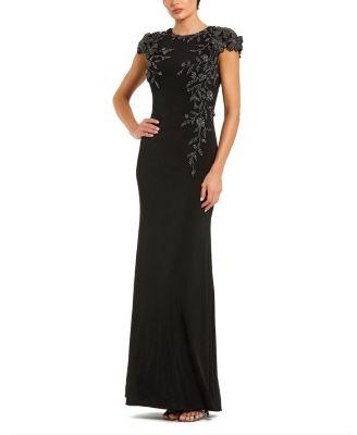 Jersey Cap Sleeve Fitted Gown With Beaded Flowers by MAC DUGGAL
