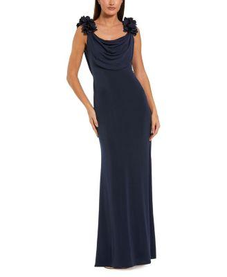 Jersey Cowl Neck Gown with 3D Flower Straps by MAC DUGGAL