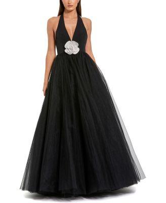 Jersey Halter Ballgown With Tulle Skirt & Flower by MAC DUGGAL