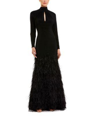 Jersey Long Sleeve High Neck Keyhole Cutout Feather Detail Gown by MAC DUGGAL