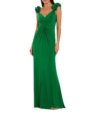Jersey V Neck Gown with 3D Flower Straps by MAC DUGGAL