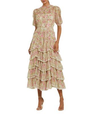 Lace Trim Printed Mesh High Neck Midi Dress by MAC DUGGAL