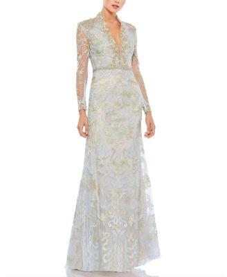 Long Sleeve Applique V-Neck Gown by MAC DUGGAL