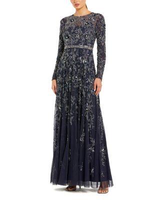Long Sleeve Floral Embellished Mesh A Line Gown by MAC DUGGAL