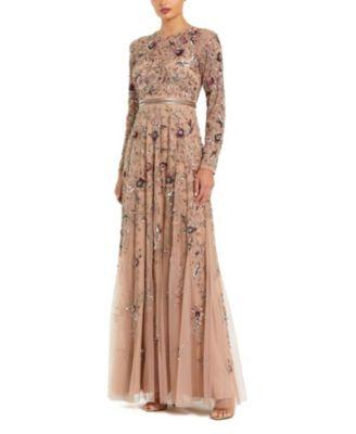 Long Sleeve Floral Embellished Mesh A Line Gown by MAC DUGGAL
