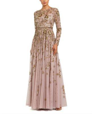 Long Sleeve Hand Embellished Floral A-line Gown by MAC DUGGAL