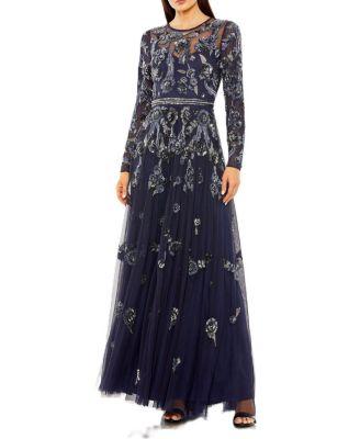 Long Sleeve High Neck Floral Beaded A-Line Mesh Gown by MAC DUGGAL