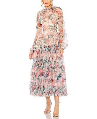 Long Sleeve High Neck Long Balloon Sleeve Midi Dress by MAC DUGGAL