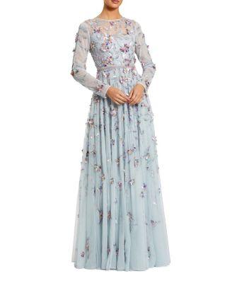 Long Sleeve Mesh Gown With Floral Detail by MAC DUGGAL