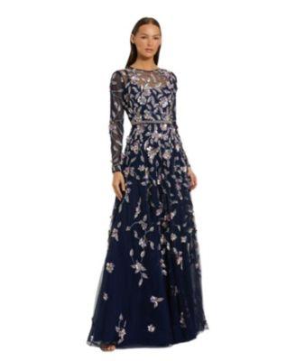Long Sleeve Mesh Gown With Floral Detail by MAC DUGGAL
