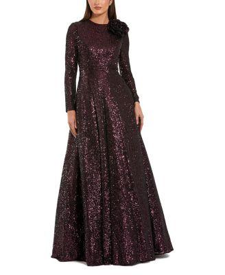 Long Sleeve Sequin Ballgown With 3D Flower by MAC DUGGAL
