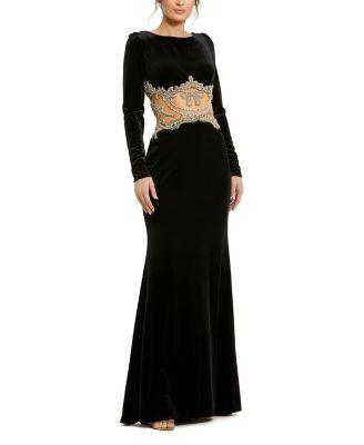 Long Sleeve Sheer Embellished Velvet Gown by MAC DUGGAL
