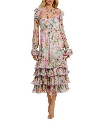 Long Sleeve Tie Neck Ruffle Detail Floral Dress by MAC DUGGAL