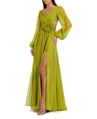 Long Sleeve V Neck Chiffon Gown with 3D Flower by MAC DUGGAL