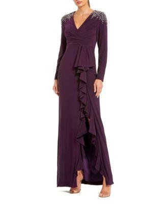 Long Sleeve with Cascading Ruffle & Rhinestone Shoulders Gown by MAC DUGGAL