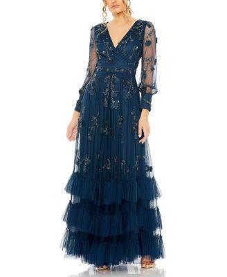Mesh Long Sleeve V-Neck Tiered A Line Gown by MAC DUGGAL