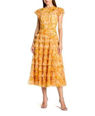 Mesh Micro Ruffle High Neck Cap Sleeve Midi Dress by MAC DUGGAL