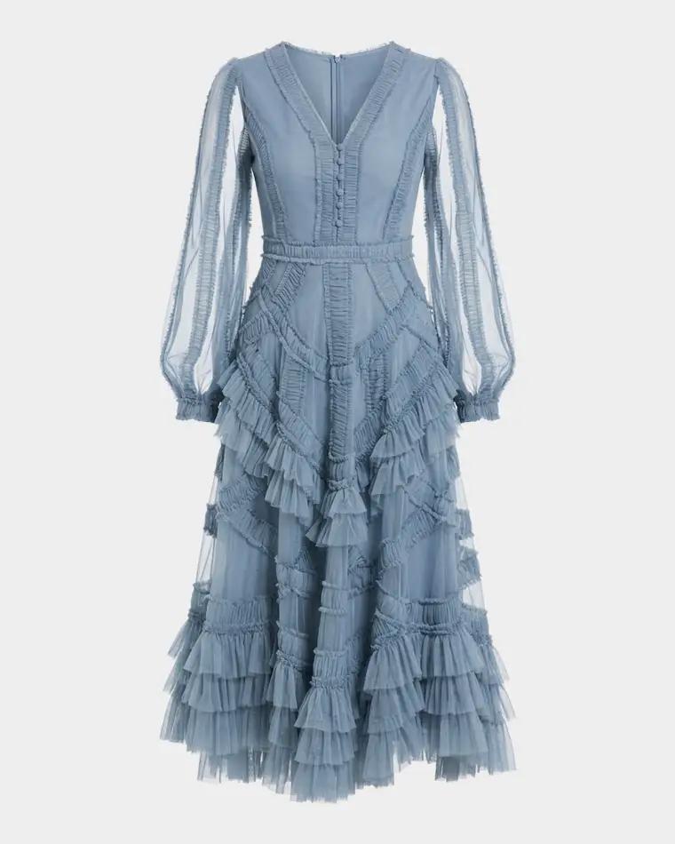 Mesh Micro Ruffle Midi-Dress by MAC DUGGAL