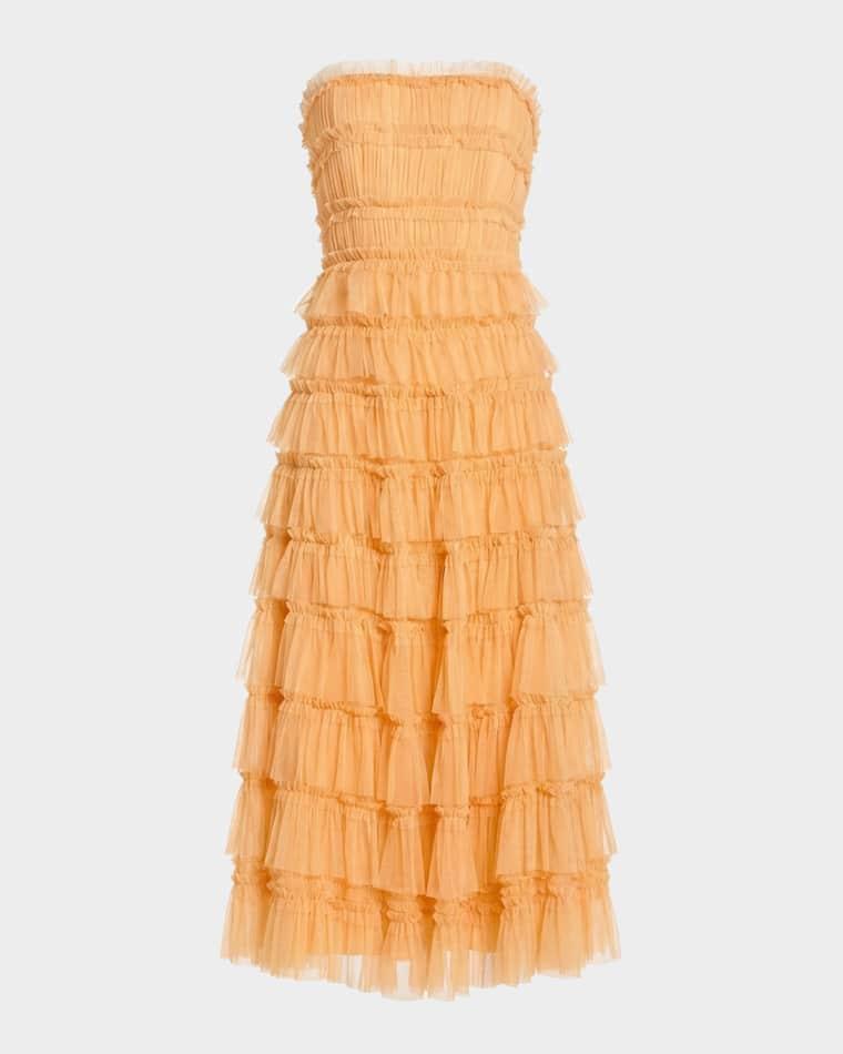 Mesh Ruffled Strapless Midi-Dress by MAC DUGGAL