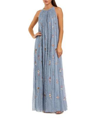 Mesh Trapeze High Neck Dress With Embroidery by MAC DUGGAL