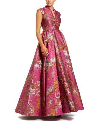 Metallic Jacquard Ball Gown with Notched Collar by MAC DUGGAL