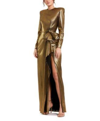 Metallic Jersey Long Sleeve Bow Detail Thigh High Slit Gown by MAC DUGGAL