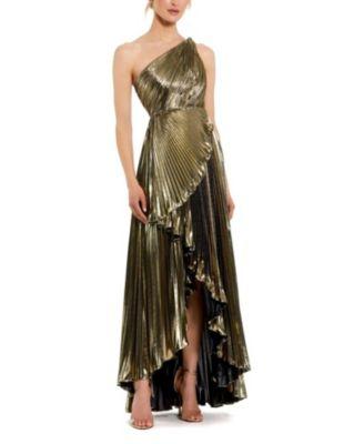 Metallic Pleated Ruffle Hem One Shoulder High Low Gown by MAC DUGGAL