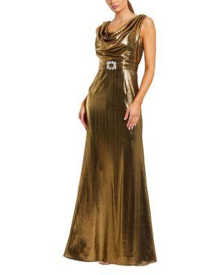 Metallic Sleeveless Cowl Neck Gown with Belt by MAC DUGGAL